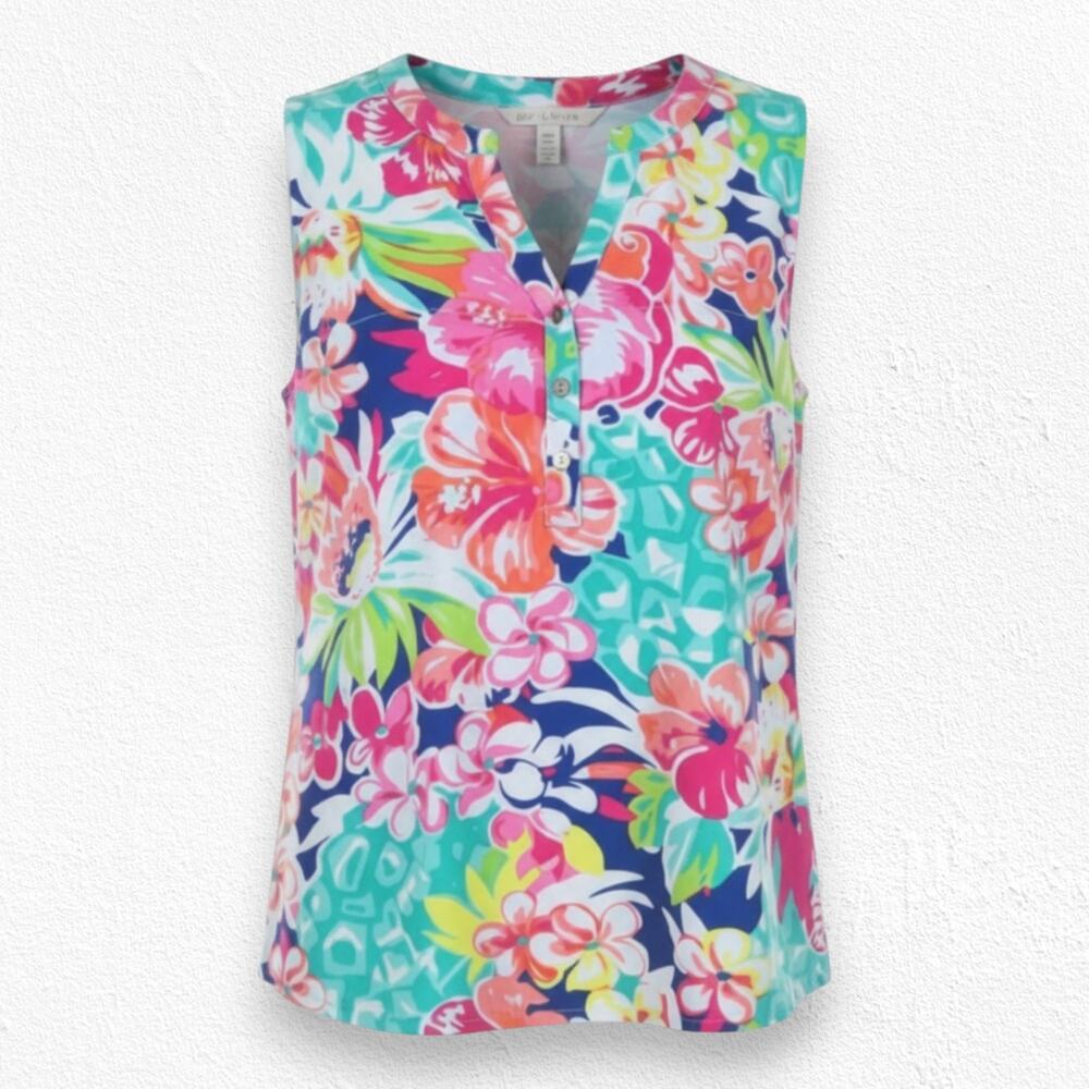 Caribbean Joe Multicolor Sleeveless Tropical Print V Neck Blouse Size Medium